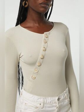 The Line by K Evelyn Bodysuit beige Cement ribbed knit modal top asymmetrical